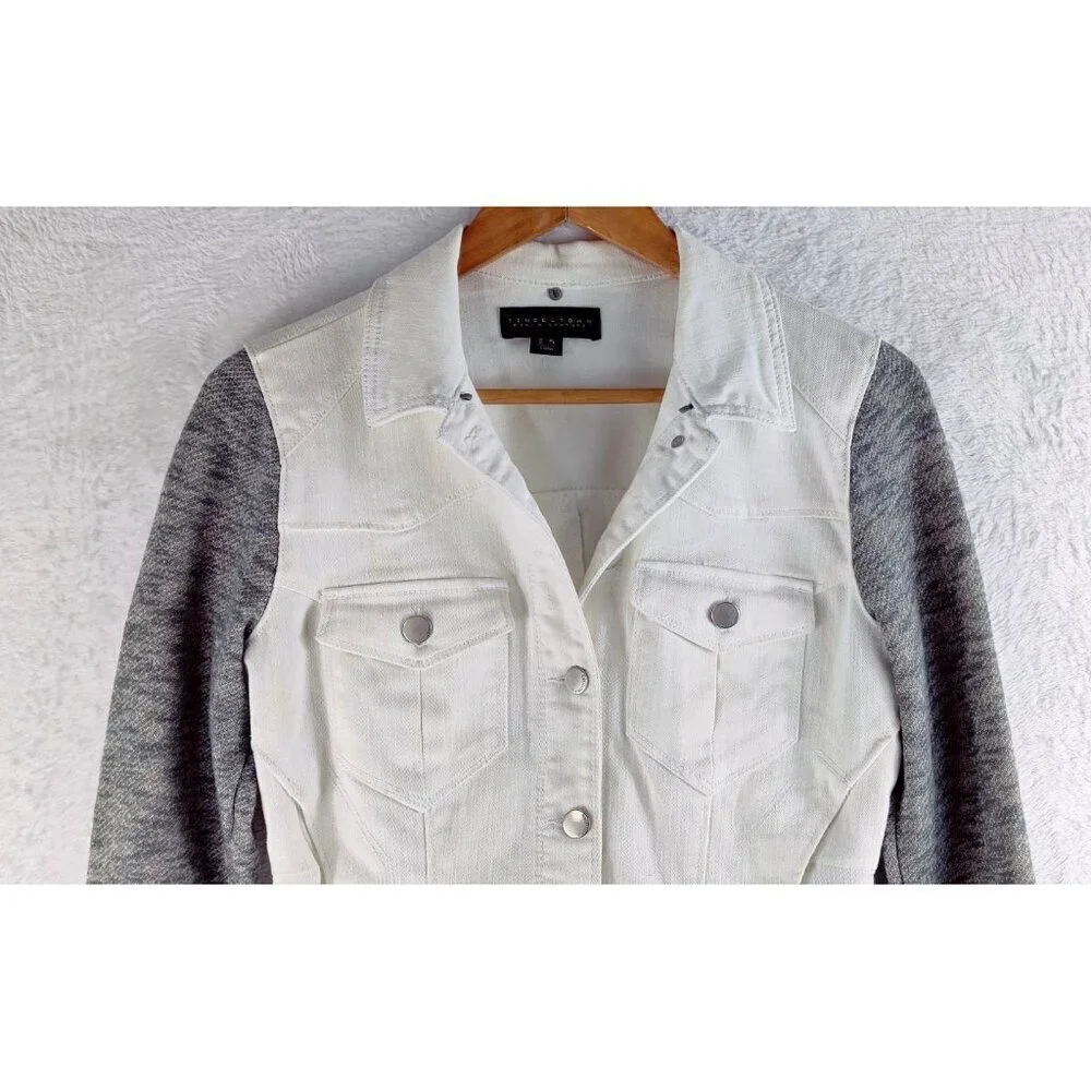 Jean Jacket by Tinseltown Denim Couture White Gray Sleeves Distressed High-Low S
